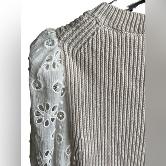 Rebecca Taylor Cream Ribbed Cotton & Silk W/Eyelet Puff Sleeve Sweater - Picture 8 of 10